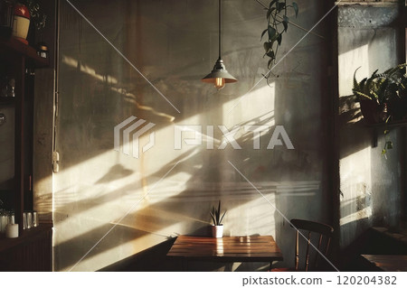 Dive into serenity with this cozy minimalist cafe corner bathed in beautiful natural sunlight 120204382