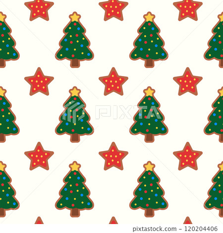 Seamless Pattern with Christmas Tree and star Gingerbread Cookie. Vector flat illustration. Seamless Pattern with Christmas Tree and star Gingerbread Cookie. Vector flat illustration. 120204406