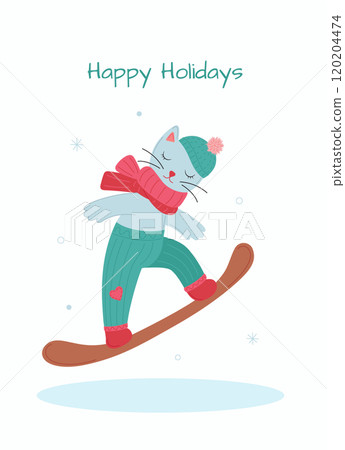 Winter greeting card with cute cat on snowboard 120204474