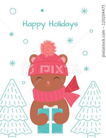 Greeting card with a cute bear holding a gift box 120204475