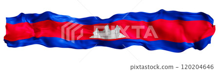 Stylized flag of Cambodia waving in the wind, isolated on white background. Footer, header or divider. Cut out wide, panoramic element. Banner for patriotic themes or national event promotions. 3D. 120204646