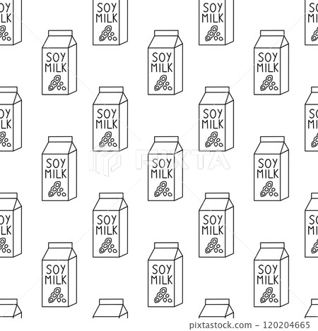 Seamless Pattern with Soy milk. Box Carton packaging. Outline, Doodle, Line art. Vector flat illustration. 120204665