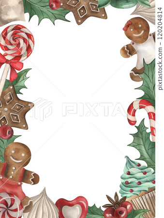 A template for a Christmas greeting card. The frame consists of festive sweets. Gingerbread, cupcake, lollipops, sweets, holly, painted in watercolor on a white background. For congratulations 120204814