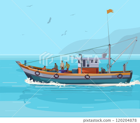 Colorful fishing boat on the ocean 120204878