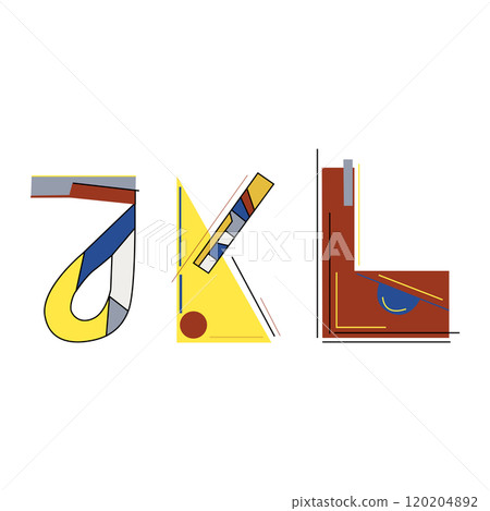 Alphabet letters JKL in Kandinsky style for your design, vector image. Color combination classic triad. Alphabet letters JKL in Kandinsky style for your design, vector image. Color combination classic triad. 120204892