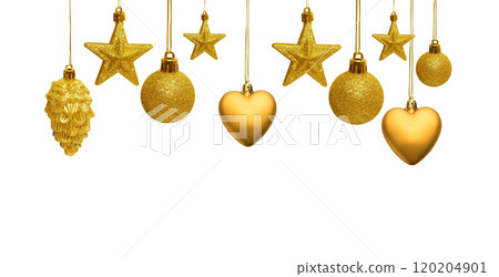 Set of golden decoration Christmas balls, star, heart, collection hanging isolated on white background 120204901