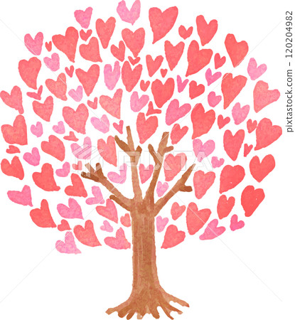 一棵粉紅色的樹，許多心聚集在一起，帶有水彩的感覺 120204982