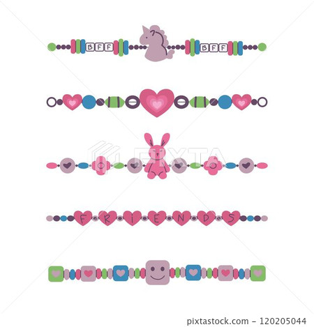 Friendship bracelet vector set. Handmade jewelry. Doodle illustration. Friendship bracelet vector set. Handmade jewelry. Doodle illustration. 120205044