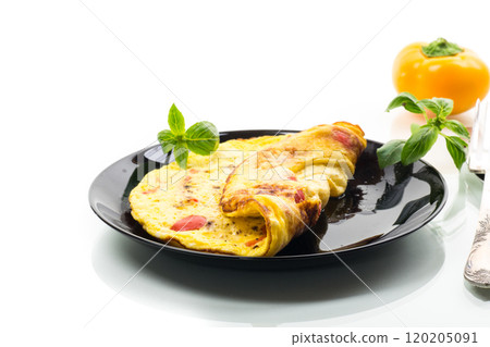 fried omelette with sweet pepper and vegetables in a plate, isolated on white background 120205091