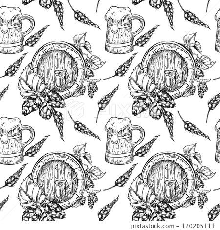 Seamless vector pattern with hand drawn hop cones, wooden beer barrel in black white isolated. Wheat ears and beer mug painted monochrome on repeated background for Oktoberfest textile, wrapping paper 120205111