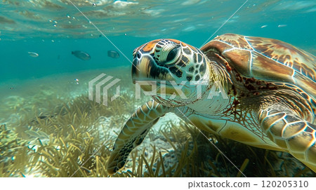 Explore the vibrant underwater world with this stunning close-up of a majestic sea turtle 120205310
