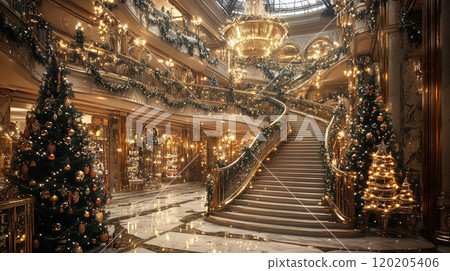 3D interior of a luxury department store during Christmas, with elaborate holiday displays, sparkling ornaments, and a grand staircase adorned with garlands. 120205406