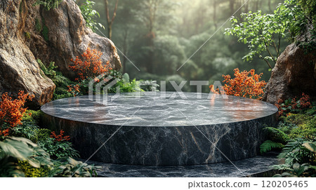 Marble podium with blur nature background 120205465