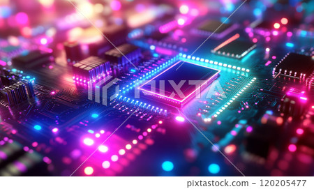 Futuristic circuit board with glowing neon lights, blue and green hues, and ample copy space for text in the center. Futuristic circuit board with glowing neon lights, blue and green hues, and ample copy space for text in the center. 120205477
