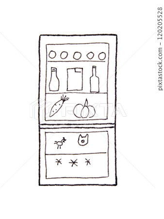 Minimalist sketch of refrigerator with groceries and beverages in simple line 120205528