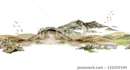 Scenery landscape of rolling hills mountains cliffs fields grass pasture land alpine vista flowers hand drawn in watercolor. Seamless banner. For tourism, resort ads, hiking camping sites, vacation. Scenery landscape of rolling hills mountains cliffs fields grass pasture land alpine vista flowers hand drawn in watercolor. Seamless banner. For tourism, resort ads, hiking camping sites, vacation. 120205594