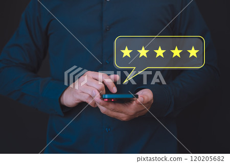 Customer use a smartphone give point 5 stars for feedback review satisfaction service opinion and testimonial on application. Online customer review satisfaction feedback survey. 120205682