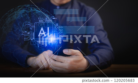 User touch the virtual screen with Ai symbol for cybersecurity internet connect chatbot, Artificial Intelligence. Man using command prompt for generates something in design, Chat with AI technology. 120205683