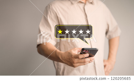 Customer review and feedback with rate 1 star on virtual screen. Business concept of customer experience dissatisfied by smartphone. Assessment testimonial review for dislike service and low quality. 120205685