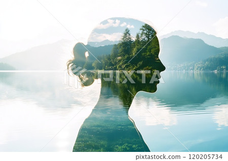 Double exposure of a woman's head with lake landscape in the background. 120205734