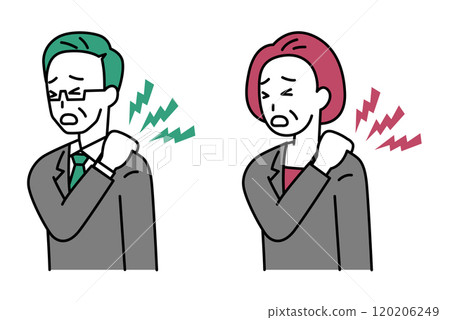 Set of middle-aged men and women in suits suffering from stiff shoulders 120206249