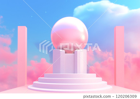 Surreal pastel dreamscape with a reflective orb overlooking cloudy skies 120206309