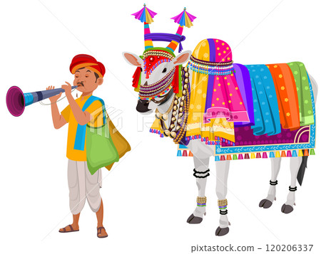 Decorated Ox, Indian decorated Ox and folk man with playing musical instrument 120206337