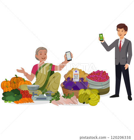 Indian-Vegetable-Vendor, Old Woman selling vegetables using UPI 120206338