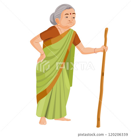 Indian old woman walking with stick Indian old woman walking with stick 120206339