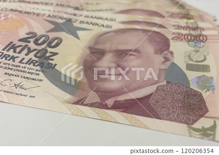 Close-Up of Turkish Lira Banknotes.200 TL with Portrait of Ataturk. 120206354