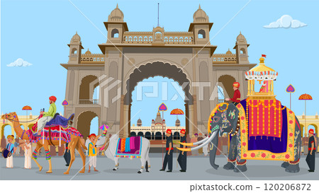 Mysore dasara, Balarama is lead elephant of Dasara procession and carried the idol of goddess Chamundeshwari, Musician Performing and People watching Procession, Entrance Gate to Mysore Palace 120206872