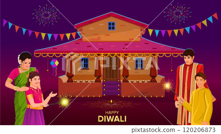 Happy Diwali with happy family,Traditional Indian House Decorated with Diya 120206873