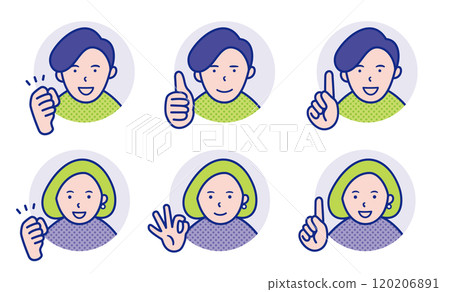 Round icons of men and women doing fist pump, like, and pointing pose [set] 120206891
