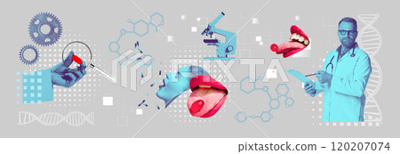 Doctor, molecular structures, and microscope, symbolizing medical science, research, and innovation in health care. Contemporary art collage. 120207074