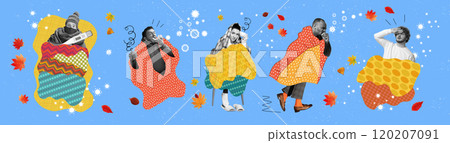 Different people wrapped in blankets, each showing symptoms of cold and flu, representing illness, comfort, and recovery. Contemporary art collage. 120207091