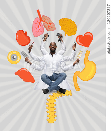 Doctor with multiple arms holding medical tools and surrounded by illustrations of organs. Contemporary art collage. 120207237