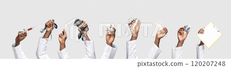 Multiple doctor hands in medical coats holding essential tools such as syringes, stethoscopes, and pill bottles. Contemporary art collage. Multiple doctor hands in medical coats holding essential tools such as syringes, stethoscopes, and pill bottles. Contemporary art collage. 120207248