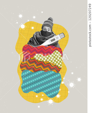 Man bundled in blanket and beanie, surrounded by graphic elements symbolizing germs and bacteria, with thermometer indicating fever. Contemporary art collage. 120207249
