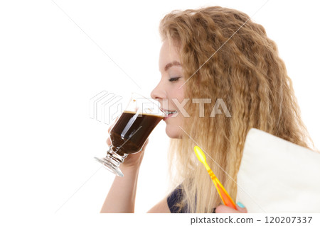 Funny woman being late drinking coffee Funny woman being late drinking coffee 120207337