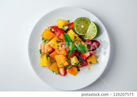 Refreshing summer fruits salad with mango and different berries, lime, top view on white background. Refreshing summer fruits salad with mango and different berries, lime, top view on white background. 120207575