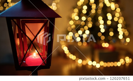 Christmas Lantern With Colorful Lights Shining And Copy Space 120207651