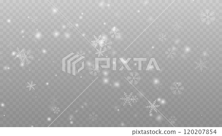Realistic falling snow with snowflakes and clouds. Vector heavy snowfall, snowflakes in different shapes and forms. Many white cold flake elements on transparent background. 120207854
