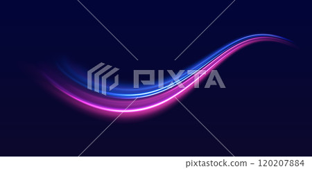 Speed police line. Laser beams, horizontal light rays. Magic shining neon light line trails. Purple glowing wave swirl. High speed effect motion blur night lights. Vector illustration EPS10 Speed police line. Laser beams, horizontal light rays. Magic shining neon light line trails. Purple glowing wave swirl. High speed effect motion blur night lights. Vector illustration EPS10 120207884