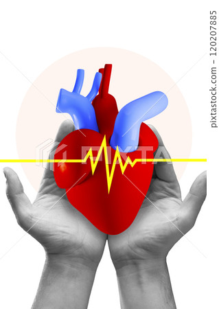 Poster. Contemporary art collage. 3D red heart cradled in monochrome hands, with bright yellow heartbeat line across it. Poster. Contemporary art collage. 3D red heart cradled in monochrome hands, with bright yellow heartbeat line across it. 120207885