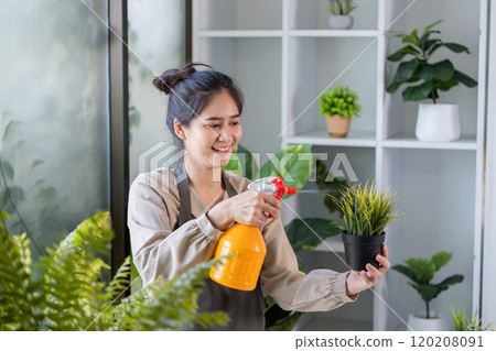 Young Woman Joyfully Engaged in Indoor Gardening, Surrounded by Lush Greenery and Modern Home Decor, Embracing a Sustainable Lifestyle Young Woman Joyfully Engaged in Indoor Gardening, Surrounded by Lush Greenery and Modern Home Decor, Embracing a Sustainable Lifestyle 120208091