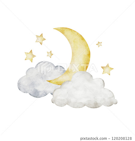 Moon and month in fluffy clouds. Watercolor baby illustration. Cute golden stars and white cozy clouds isolated on background. Hand painted clouds for girl or boy childish educational, nursery art 120208128