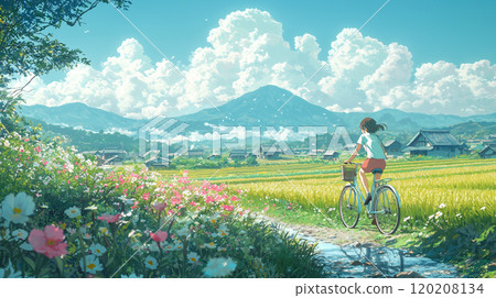 Beautiful summer landscape with a girl riding a bike along a country road 120208134