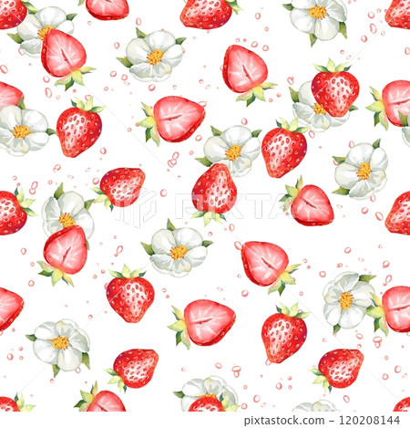 Red strawberries and flowers seamless pattern on white background 120208144