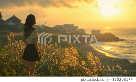 A female student's summer as she gazes upon a seaside rural town 120208174
