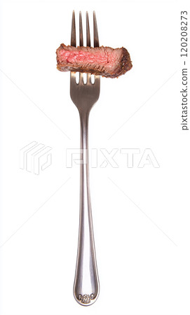 Juicy slice of steak on a fork 120208273
